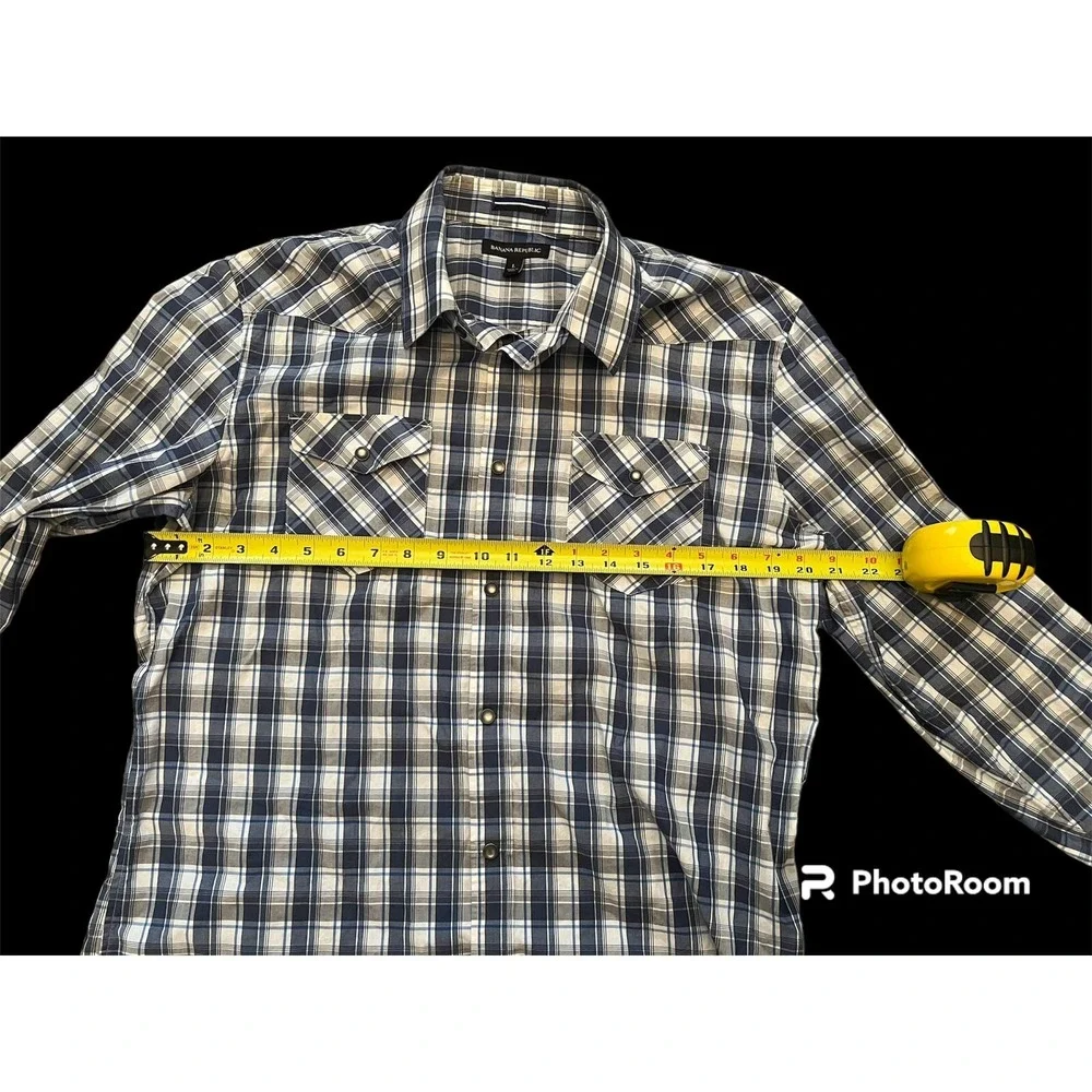 Banana Republic Men Size L Blue Windowpane Cotton Pearl Snap Long Sleeve Shirt
